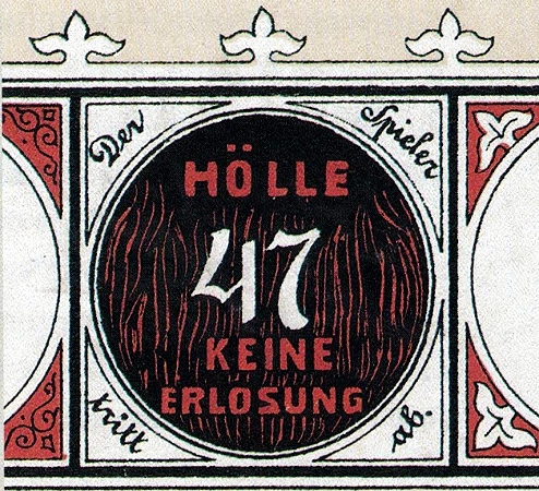 Reise in die Ewigkeit, Feld 47, Hölle (Detail) O&M. Hausser, Ludwigsburg, Cartonage Spielbrett um 1910, Museum für Sepulkralkultur, Kassel