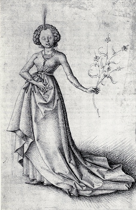 Meister ES, Mädchen mit einem Blumenzweig um 1460, Federzeichnung, Foto: Ursula Edelmann, Städelsches Kunstinstitut Frankfurt/M.