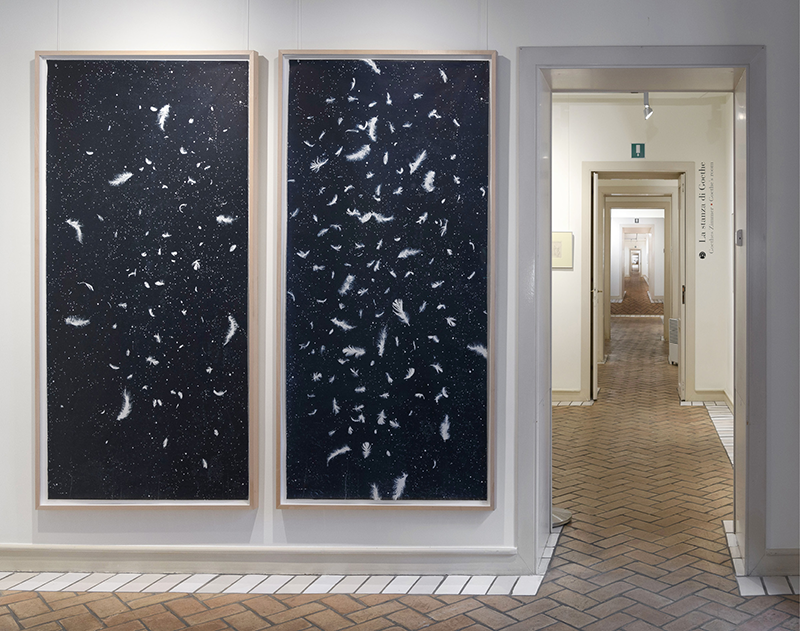 Alessandro Piangiamore, ‘Qualche uccello si perde nel cielo‘, 2021, Mischtechnik auf Okawara-Papier, Foto: Museum Casa di Goethe