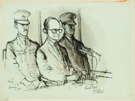 Ronald Searle, Adolf Eichmann, 1961, aus: Skizzenbuch zum Adolf–Eichmann–Prozess in Jerusalem, Deutsches Museum für Karikatur und Zeichenkunst - Wilhelm Busch