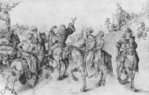 Albrecht Dürer, Gesellschaft zu Pferde, 1489, Feder in Braunschwarz, Kunsthalle Bremen – Der Kunstverein in Bremen, Kupferstichkabinett, Foto: Karen Blindow