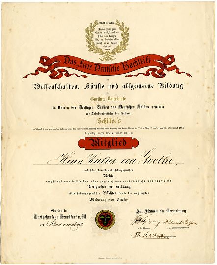 Mitgliedsurkunde von Walther von Goethe, Foto: Freies Deutsches Hochstift