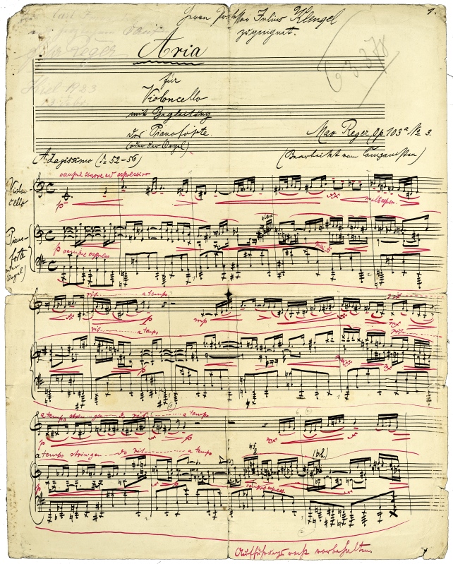 Max Reger: Manuskript der Aria op. 103a Nr. 3 für Violoncello mit Begleitung des Pianoforte (oder der Orgel), erste Seite, © Foto: Max-Reger-Institut Karlsruhe
