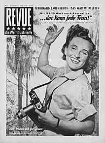 Titelstory der Revue Nr. 5 vom Februar 1952: „ ‚Mit 182.50 Mark nach Australien ... das kann jede Frau!‘ sagt Herta Klier, die um die halbe Welt trampte, Foto: wirtschaftswundermuseum.de