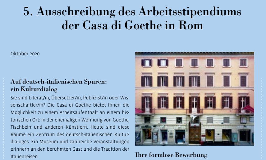 5. Ausschreibung des Casa di Goethe Stipendiums