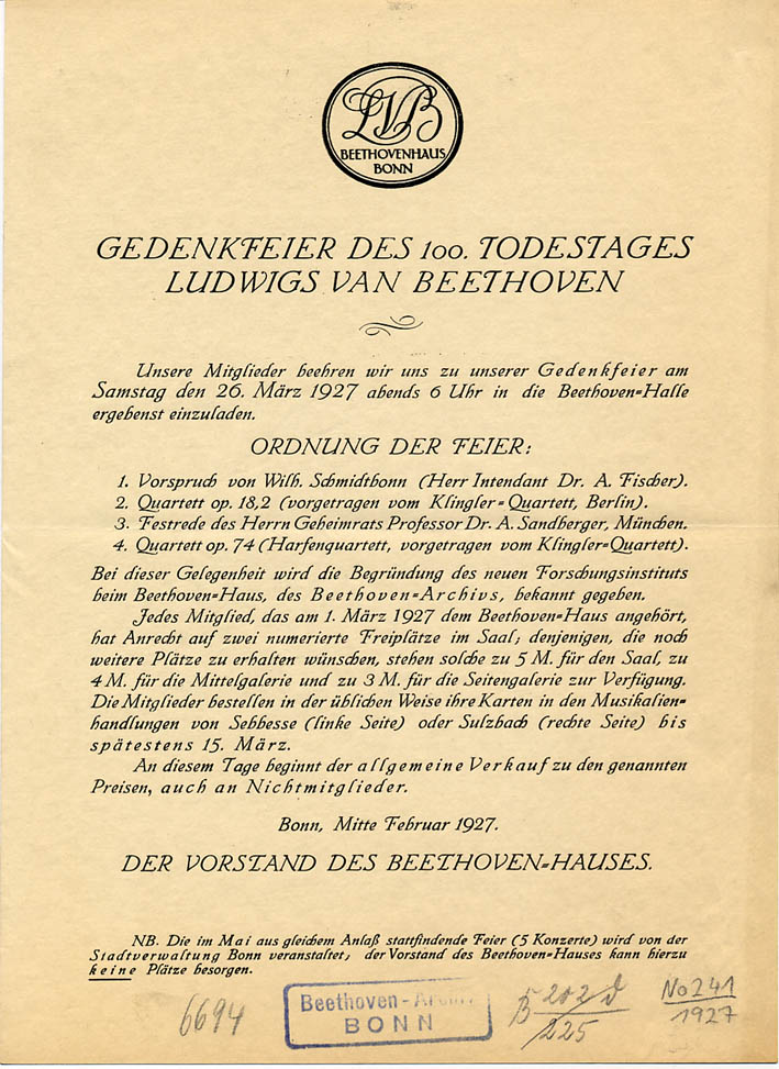 ‘Gedenkfeier des 100. Todestages Ludwig van Beethoven‘, Foto: Beethoven-Archiv im Beethoven-Haus Bonn