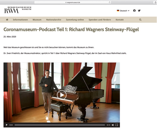 Screenshot aus dem Coronamuseum-Podcast des Richard Wagner Museums, Teil 1: Richard Wagners Steinway-Flügel,  Richard Wagner Museum / Nationalarchiv der Richard-Wagner-Stiftung, Bayreuth