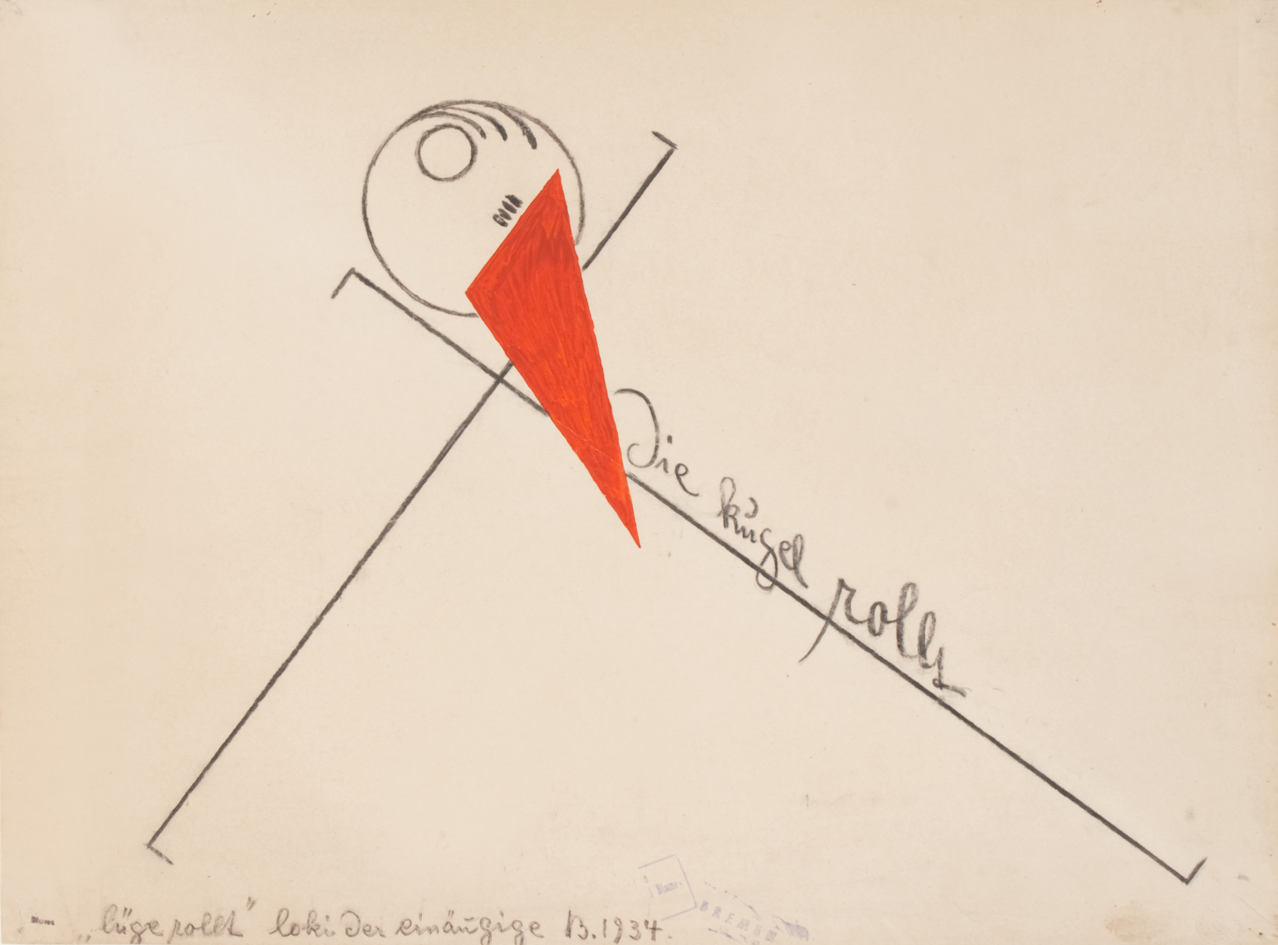 Arnold Blome, Die Kugel rollt, 1934, schwarze Kreide und rote Tusche auf Papier, 44,8 x 52,7 cm, Kunsthalle Bremen - Der Kunstverein Bremen, Foto: Karen Blindow