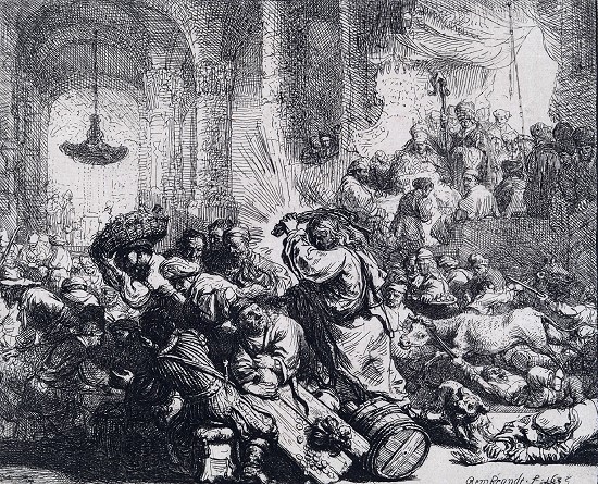 Rembrandt, Christus vertreibt die Verkäufer und Wechsler aus dem Tempel, 1635 Radierung, Goethes Kunstsammlungen Stiftung Weimarer Klassik