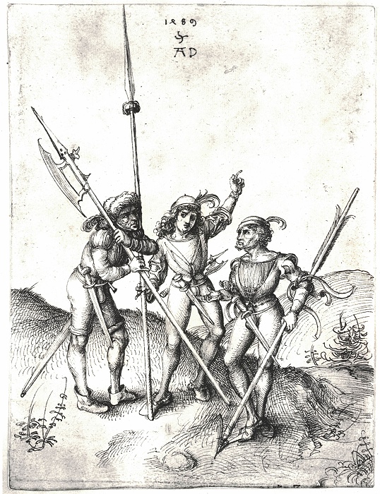 Albrecht Dürer, Drei Kriegsleute 1489, Feder, braune Tinte, Staatliche Museen zu Berlin, Kupferstichkabinett