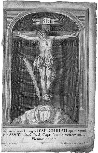 Martin Engelbrecht, Miraculosa Imago Jesu Christi (Kruzifix mit Ähre), Holzschnitt, koloriert, Augsburg, um 1750, Foto: Museum der Brotkultur, Ulm