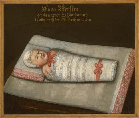 Gedenkbild, 1887 Überschrift: ‘Anna Kerstin/gebohren 1787 d. 2.Januaris / ist aber nach der Geburth gestorben‘, Foto: Museum für Sepulkralkultur, Kassel