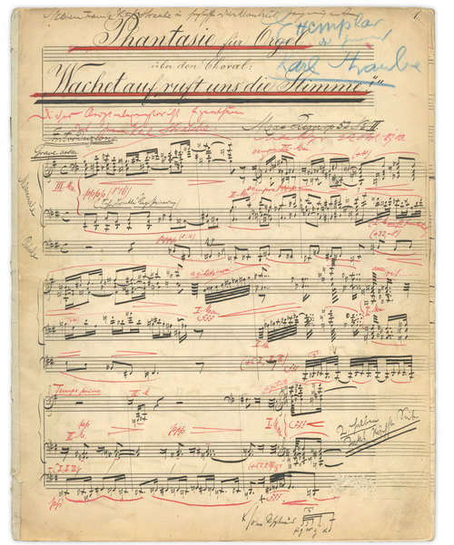 Choralphantasie »Wachet auf, ruft uns die Stimme!« op. 52 Nr. 2, Erstschrift für Karl Straube, Max-Reger-Institut, Karlsruhe, Signatur: Mus. Ms. 011, fol. 1 r.