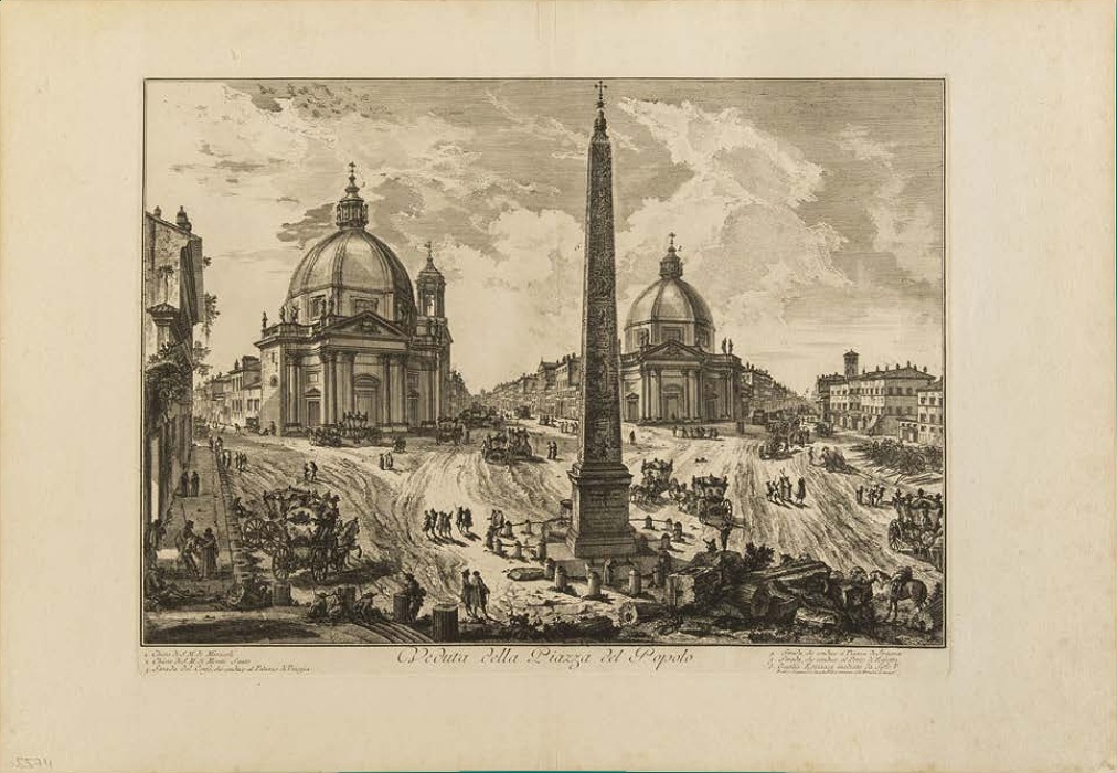 Giovanni Battista Piranesi, Piazza del Popolo, aus: Vedute di Roma, 1748–1778, Radierung, Foto: Casa di Goethe