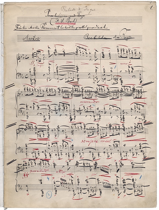 Seite 1 der Stichvorlage von Max Regers Bach-Bearbeitung ‘Präludium und Fuge in Es dur‘ BWV 552 für Klavier RWV Bach-B1, Foto: Max-Reger-Institut, Karlsruhe