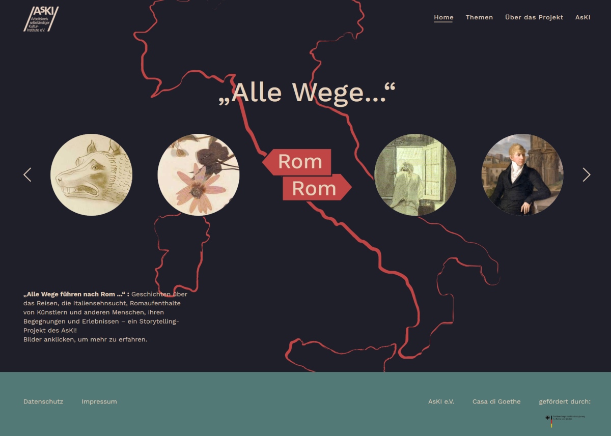 AsKI Storytelling-Projekt ‘Alle Wege führen nach Rom‘ - Screenshot der Startseite: www.wege-nach-rom.de, © AsKI e.V.