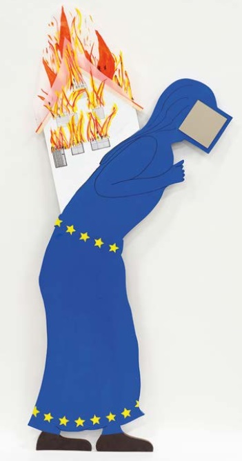 Peter Weibel, Brennt das Haus Europa?, 2020, Gesägte Siebdruckplatte, Farbe, Foto: © Peter Weibel, Foto: Tobias Wootton