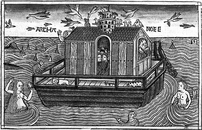 Arche Noah, eine Meerjungfrau betrachtet sich kämmend im Spiegel. Die neunte deutsche Bibel, Nürnberg: Anton Koberger, 1483, Handkolorierter Holzschnitt, © Klassik Stiftung Weimar