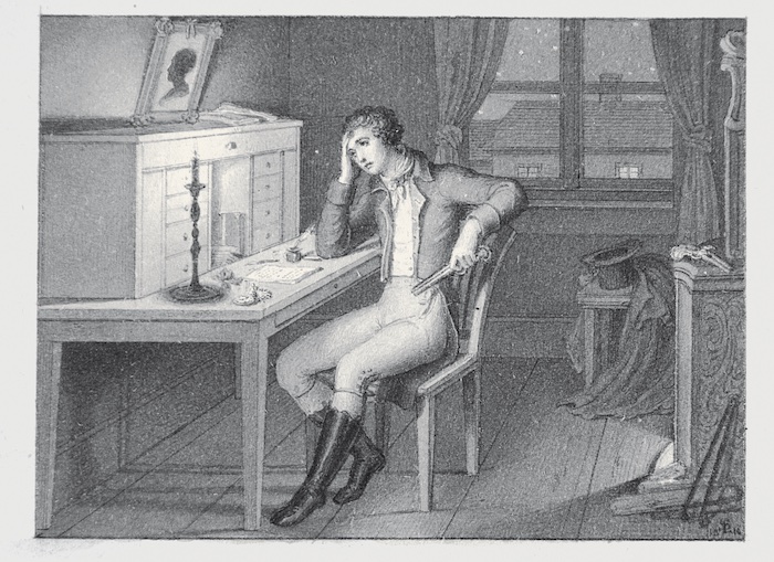 Ludwig Ferdinand Schnorr von Carolsfeld, ‘Werther am Schreibtisch‘, 1816, Feder und Pinsel auf Pappe, Foto: Museum Casa di Goethe, Rom