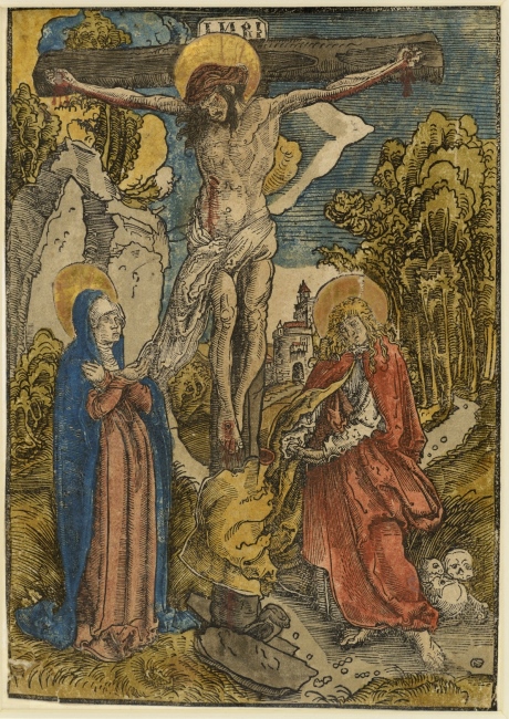 Lucas Cranach d. Ä., Kreuzigung Christi, um 1502/03, Holzschnitt, reich koloriert, Aus Goethes Sammlungen, © Klassik Stiftung Weimar, Museen