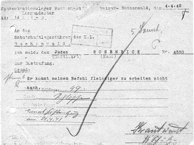 Strafmeldung vom 4.4.1942, 5 x Sonntagsarbeit, © Foto: Buchenwaldarchiv