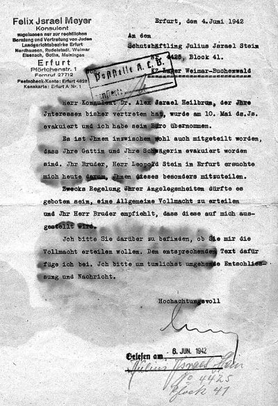 Schreiben des Rechtsanwalts Felix Meyer an Julius Stein vom 4.6.1942, © Buchenwaldarchiv