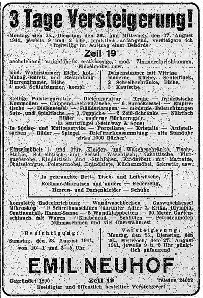 Ein alltägliches Bild: Versteigerungsanzeige in der Frankfurter Zeitung 1941, © Foto: Katalog