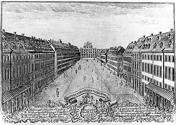 G.A. Gründler, Blick in den Hof der Franckeschen Stiftungen um 1750, Kupferstich, Foto: Franckesche Stiftungen zu Halle