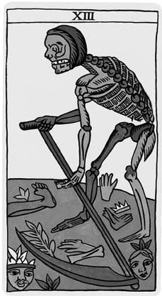 Der Tod (XIII), Spanisches Tarot, dem  Marseiller Tarock nachempfunden, 20. Jh. Ausstellung Game-over. Spiele, Tod und Jenseits (2002), © AFD - Museum für Sepulkralkultur, Kassel