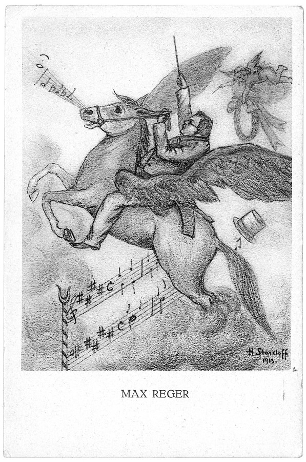 Hugo Starkloff, Reger auf dem Pegasus, die Schranken der Konvention überspringend, 1913, Max-Reger-Institut / Elsa-Reger-Stiftung, Karlsruhe