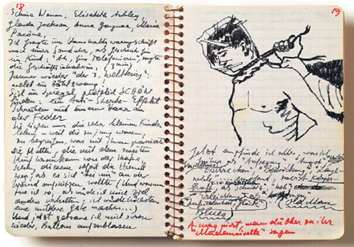 Eine Zeichnung Handkes aus dem Tagebuch von April bis Mai 1976 (garottierter Mann mit Kapuze), Foto: Mathias Michaelis