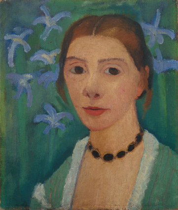 Paula Modersohn-Becker, Selbstbildnis vor grünem Hintergrund mit blauer Iris, um 1905, Leinwand, © Kunsthalle Bremen - Der Kunstverein in Bremen