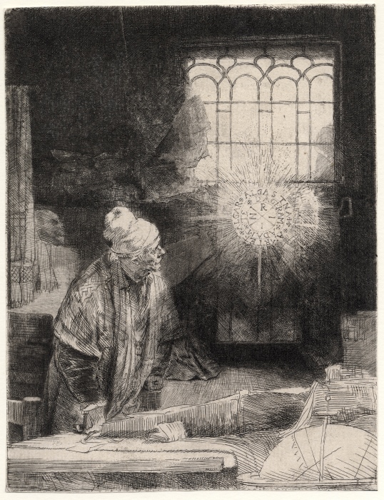 Rembrandt Harmensz. van Rijn (1606 – 1669), Gelehrter in seinem Studierzimmer, (Faust/De practiserende alchimist), Radierung, um 1652, © Frankfurter Goethe-Museum