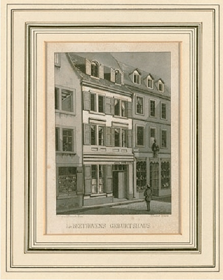 Älteste Darstellung des Beethoven-Hauses in der Bonngasse 20, um 1827, Aquatinta-Radierung von Conrad Caspar Rordorf (1800 – um 1847), Foto: Beethoven-Haus, Bonn