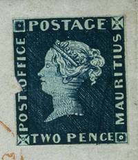 Dunkelblaue Two-Pence-Mauritius aus dem Jahre 1847 im Museum für Kommunikation Berlin