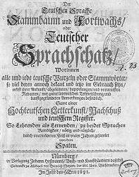 Kaspar Stieler, Der Teutschen Sprache Stammbaum und Fortwachs oder Teutscher Sprachschatz (...), Nürnberg 1691, Titelseite