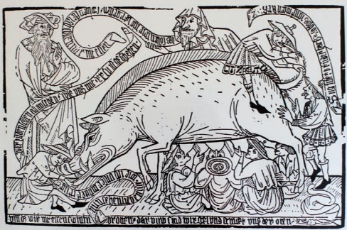 Judensau, Holzschnitt, ca. 1470. Das unreine Schwein steht symbolisch für die sündigen Juden. Foto: [Public domain] via Wikimedia Commons