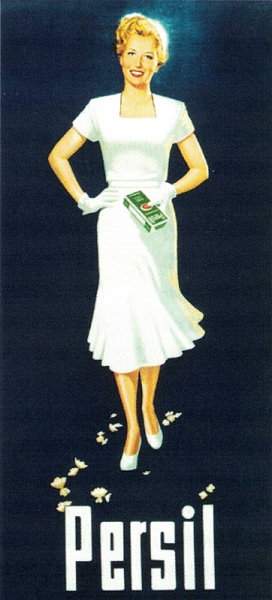Die legendäre Werbefigur ‘Die weiße Dame‘, Plakat, 1950, Erster Entwurf 1922 von Kurt Heiligenstaedt, Foto: © Henkel AG