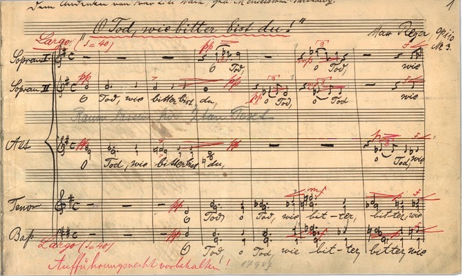 Max Reger, Motette ‘O Tod, wie bitter bist du‘, op. 110 Nr. 3, Stichvorlage, S. 1, Foto: Max-Reger-Institut – Elsa-Reger-Stiftung, Karlsruhe