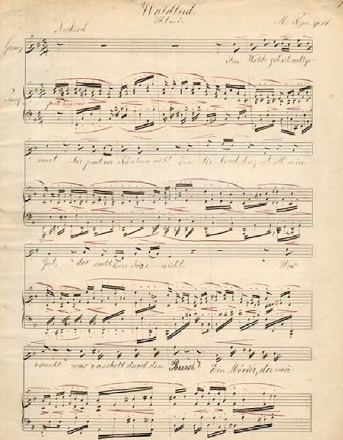 Max Reger, ‘Fünf Lieder für hohe Singstimme und Klavier‘ op. 8, Nr. 1: ‘Waldlied‘ (Beginn), autographe Stichvorlage, Max-Reger-Institut, Karlsruhe