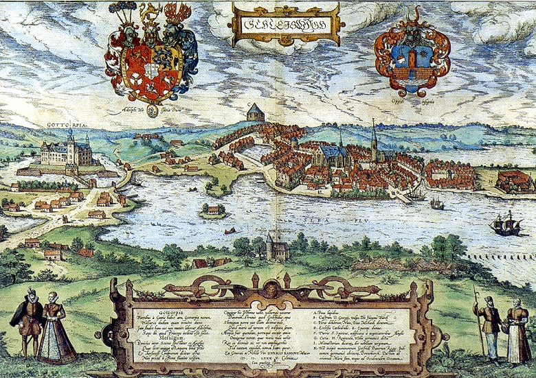 Ansicht der Stadt Schleswig mit Schloss Gottorf, kolorierte  Radierung, 1584, Foto: Stiftung Schleswig Holsteinische Landesmuseen Schloss Gottorf
