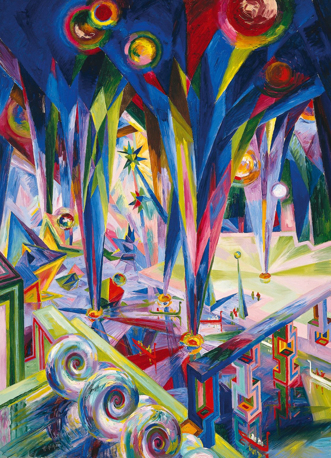 Wenzel August Hablik, Dom-Inneres, Festhalle - Gondelkanal - Wasserkünste - leuchtende Gasglasballons, 1921, Öl auf Leinwand, Kunstforum Ostdeutsche Galerie, Leihgabe der Bundesrepublik Deutschland, Foro: © Wolfram Schmidt Fotografie
