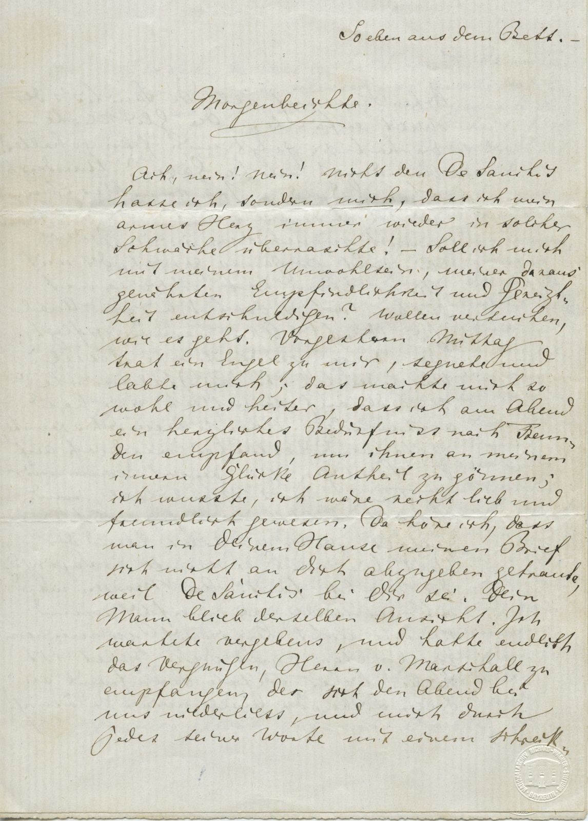 »Morgenbeichte« – handschriftlicher Brief Richard Wagners an Mathilde Wesendonck, Zürich 07.04.1858; Bildnachweis: Nationalarchiv der Richard-Wagner-Stiftung, Bayreuth