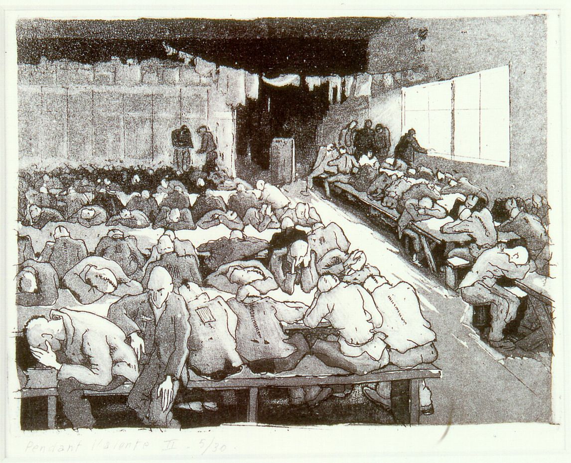 Fosty, Luftalarm Pendant l'alerte II, Während des Luftalarms II, 1985, Aquatintaradierung, Kunstsammlung der Stiftung Gedenkstätten Buchenwald und Mittelbau-Dora, Inv. Nr. VI 2137 G