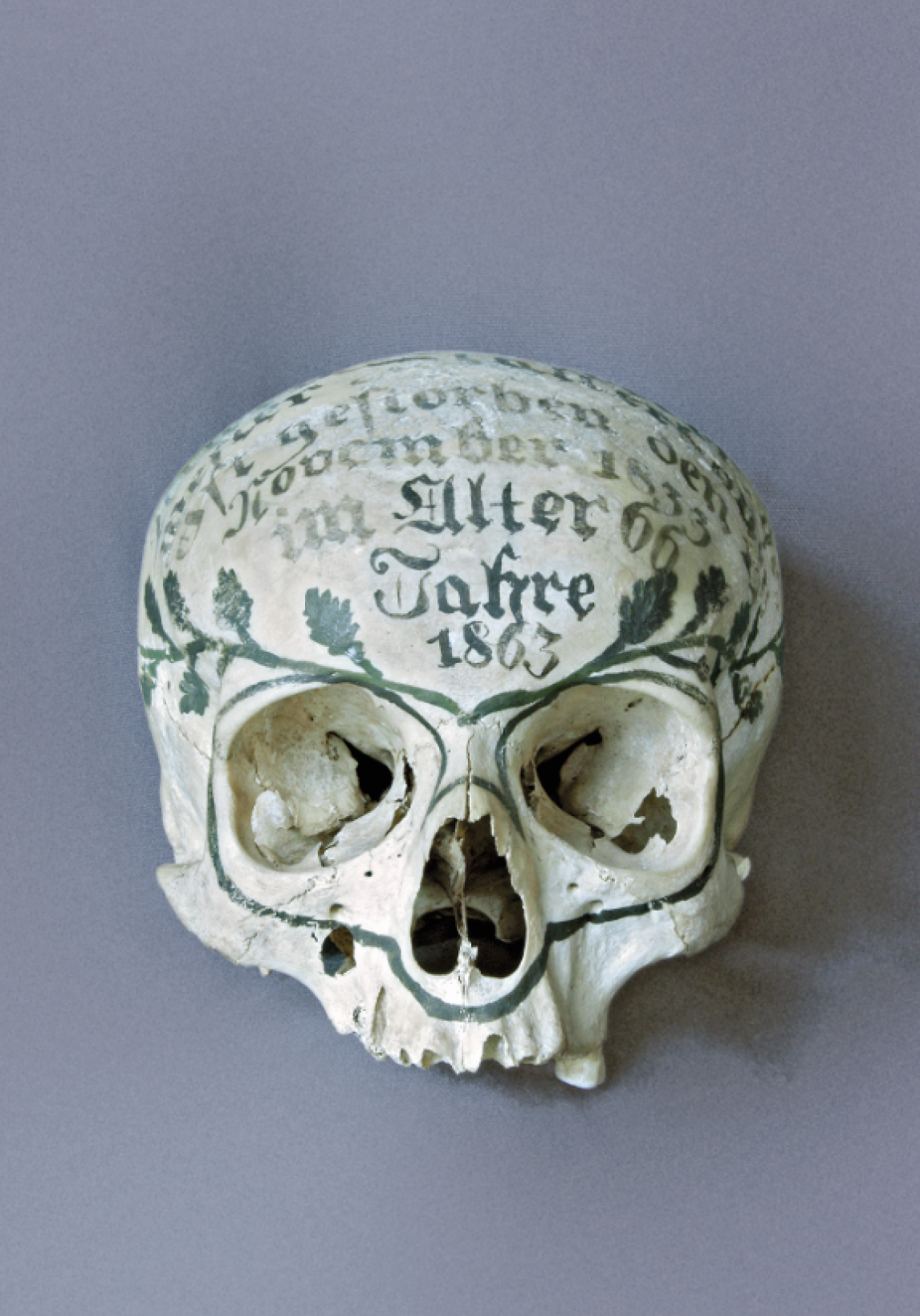Totenschädel »Ullerich Silberer« (1767-1833), bemalt 1863, vermutlich Oberösterreich, Foto: Museum für Sepulkralkultur