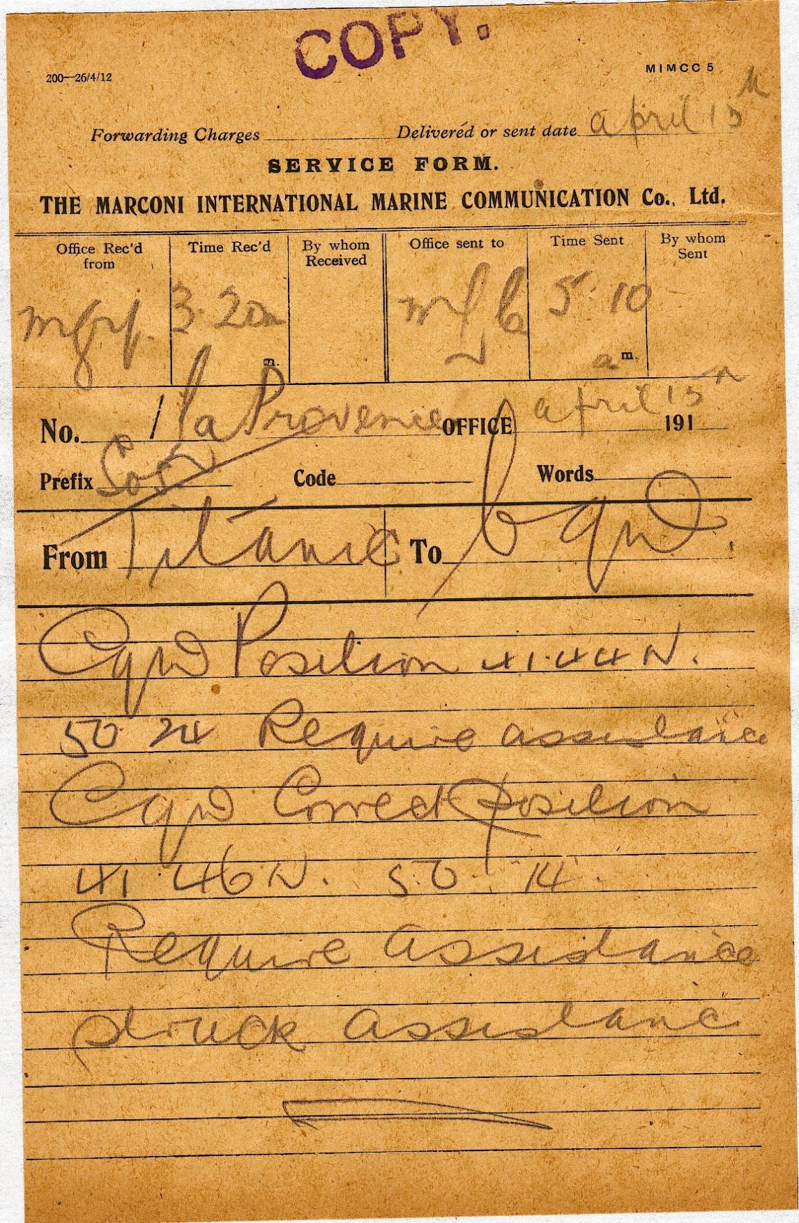 Telegramm mit einem Notruf der »Titanic«, 15. April 1914, 3:30 Uhr, Fotocredit: Museumsstiftung Post und Telekommunikation